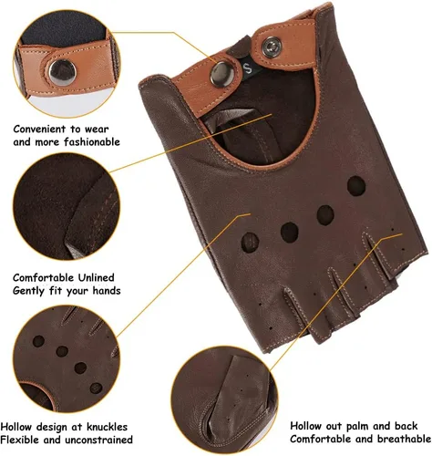 Vista 2 de Guantes de conducción de cuero sin dedos para hombre, guantes de motocicleta sin forro
