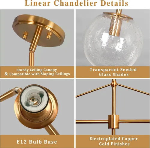 Vista 3 de Lámpara de araña lineal dorada moderna de 5 luces para comedor con globo de vidrio sembrado, lámpara colgante lineal de 39 pulgadas para casa