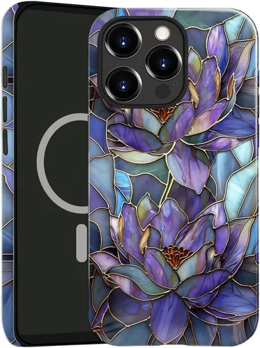Vista 26 de Funda compatible con iPhone 13, compatible con MagSafe, funda híbrida de 2 capas con prevención de caídas brillante para niñas y niños, arte floral