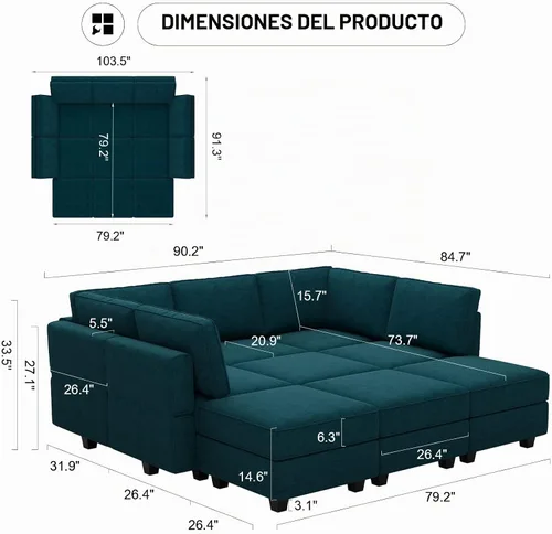 Vista 2 de Belffin Sofá Cama Seccional Modular con Otomán de Almacenamiento Sofás Seccionales Convertibles para Sala de Estar Terry Chaise Reversible. Sofá