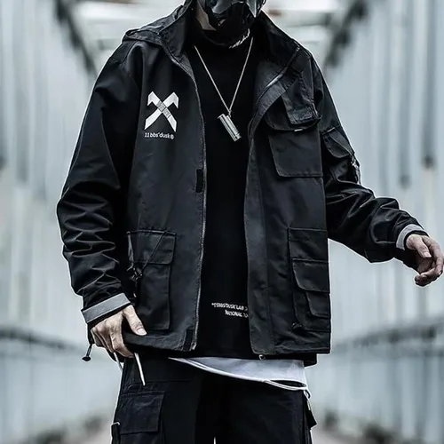 Vista 3 de Ropa de calle táctica para hombre, ropa gótica Alt Emo Techwear, chaquetas con capucha rompevientos Cool Cyberpunk Harajuku