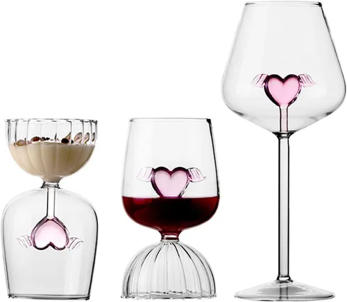 Vista 3 de Pink Love - Copa de vino tinto de cristal, copas de vino románticas en forma de corazón, copa de vino de vidrio creativa, copa de copa de champán #1