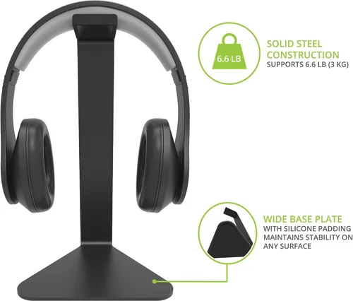 Vista 3 de Kanto H1 Soporte universal para auriculares - Negro - Construcción de acero sólido - Superficie de descanso de silicona curvada