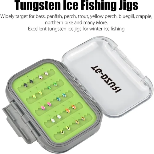 Vista 6 de Kit de Jigs de Pesca en Hielo de Tungsteno, 3.2/4/5mm Gota Lágrima que Brillan en la Oscuridad Señuelos Jigs de Pesca en Hielo con Caja de Jigs