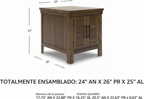 Vista 3 de Diseño firmado por Ashley Moriville - Mesa auxiliar rectangular de estilo granja rústica con puertas de gabinete duales, herrajes en tono bronce