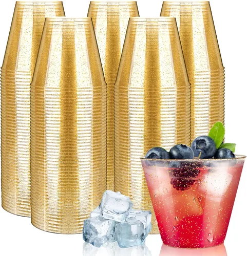 Vista 19 de Byvivace Vasos de plástico transparente de 12 onzas con borde dorado, resistentes y aptos para alimentos, desechables, copas de vino, copas de boda