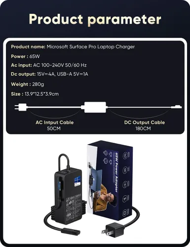 Vista 7 de 65W Surface Pro Cargador para Microsoft Surface Charger 65W 44W 39W 36W para Microsoft Surface Pro 3-12, Surface Laptop 1-7, Surface Book 1-3