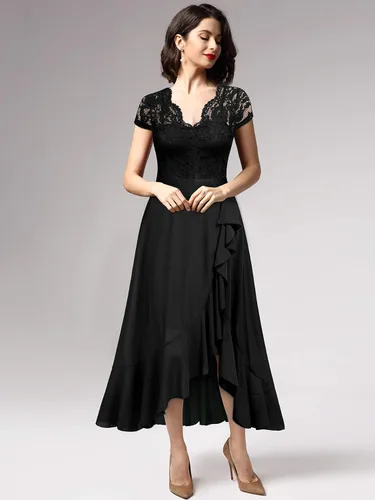 Vista 3 de Miusol - Vestido largo elegante para mujer, con volantes, encaje y cuello en V, ideal para damas de honor