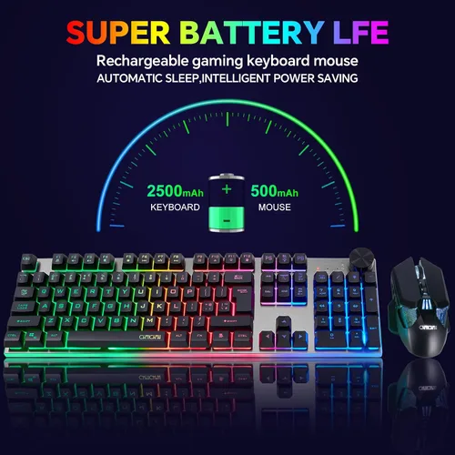 Vista 3 de Teclado y mouse inalámbricos para juegos con perilla y combo de mouse USB dongle 2.4G recargable con batería de 3000mAh, panel de acero inoxidable