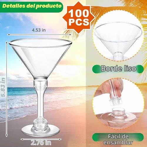 Vista 3 de 100 vasos de Martini de plástico desechables de 5 onzas, vasos de cóctel altos, mini vasos de plástico de Martini irrompibles, tazas de postre