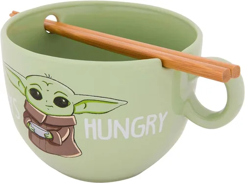 Vista 3 de ICUP Star Wars Mandalorian The Child Always Hungry - Taza de ramen con palillos