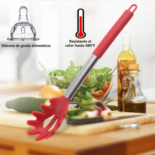 Vista 4 de Tenedor de silicona para pasta, cuchara de espagueti, para cocina, resistente al calor, cuchara de pasta de grado alimenticio con mango de acero