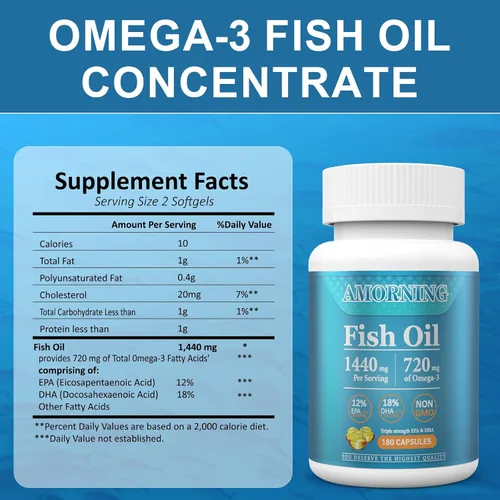 Vista 2 de Aceite de Pescado Omega 3 - Ácidos grasos - Suplemento en cápsulas blandas pequeñas - 180 unidades de 1440 mg para apoyar la salud del corazón