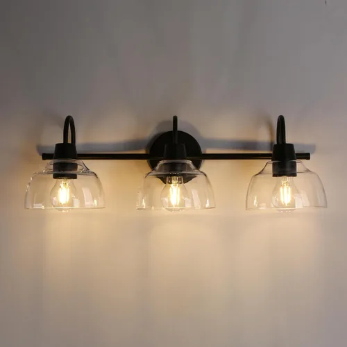 Vista 9 de KSANA Lámpara de baño negra, lámpara de tocador de 3 luces con pantalla de cristal transparente de gran apertura, moderna lámpara de pared de granja