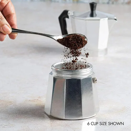 Vista 6 de Moka Pot - Cafetera italiana, géiser de aluminio, cafetera de géiser, hervidor de agua, estufa con leche, utensilios de café clásicos, accesorios
