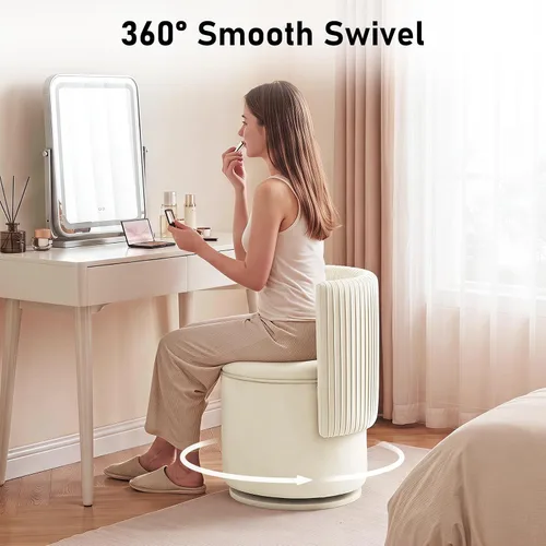 Vista 4 de Furniliving Silla de tocador de terciopelo con almacenamiento, silla giratoria de 360° con respaldo ondulado, moderno taburete de tocador de barril