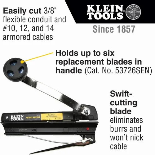 Vista 3 de Klein Tools 53725 Cortador de cables blindado y BX, corta cable blindado de hasta 3/8 pulgadas-BX-AC-MC-MCAP-Greenfield, con almacenamiento