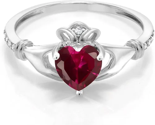 Vista 2 de Gem Stone King Anillo claddagh celta irlandés de oro blanco de 10 quilates para mujer