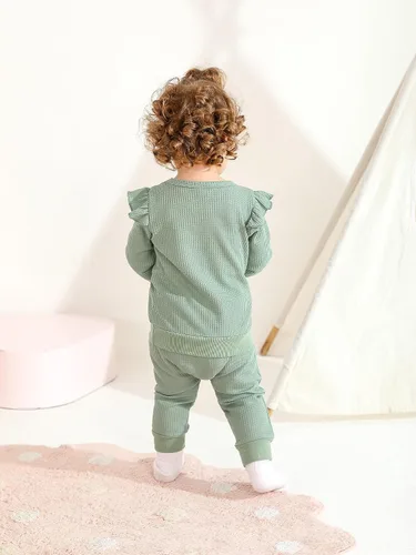 Vista 4 de Conjunto de ropa de 2 piezas para niña con diseño de corazón texturizado con volantes, sin botones de manga larga y lazo frontal