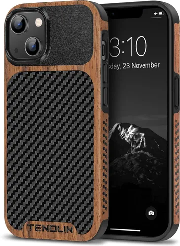 Vista 13 de TENDLIN Compatible con Funda para iPhone 14 de Grano de Madera con Diseño de Textura de Fibra de Carbono, Funda Híbrida de Cuero delgada Negra Negro