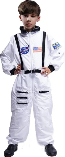 Vista 2 de Maxim Party Supplies Disfraz de astronauta para niños, traje espacial con parches bordados y bolsillos para niños, niños pequeños (18, meses blanco)
