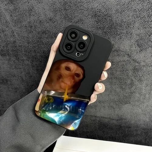 Vista 4 de Trendy Monkey - Funda para teléfono compatible con iPhone 16/15/14/13/12/11 ProMax con llavero gratis, accesorios divertidos de meme de mono, funda