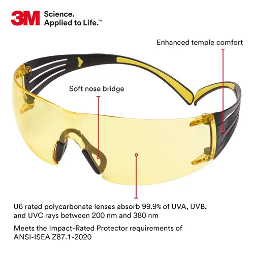 Vista 3 de 3M - Lentes de seguridad SecureFit, paquete de 20, ANSI Z87, antiarañazos y antivaho Scotchgard, lente ámbar, marco amarillo/negro, varillas