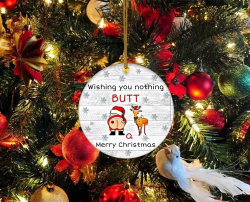 Vista 3 de Adorno de cerámica divertido - Papá Noel travieso y ciervo "Deseo que no te traiga nada más que una feliz Navidad" - Adornos para el hogar, adorno