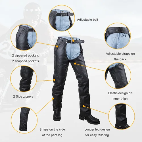 Vista 2 de GARGOYLE BELLS Chanclas de cuero para motocicleta para hombres y mujeres, pantalones de cuero suave con abertura para motociclista