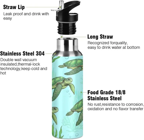 Vista 3 de Insulated Stainless Steel Water Bottle with Straw 32 Oz, Leakproof Water Bottles for Gym Outdoor Travel School, Green Sea Turtles