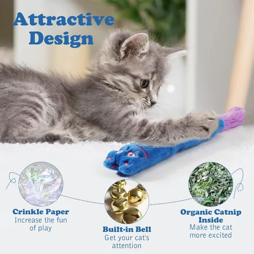 Vista 2 de Pawaboo Juguetes para gatos, paquete de 2 juguetes de hierba gatera con campana y papel arrugado, juguetes para gatitos suaves y duraderos, juguetes