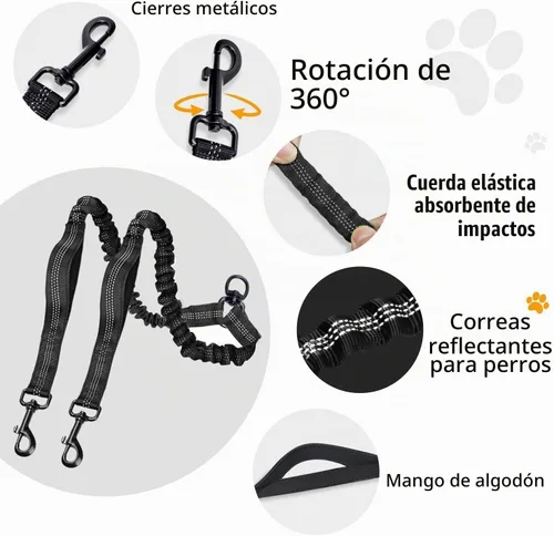 Vista 6 de Correa doble para perro, 18 ~ 120 libras, sin enredos con asas acolchadas