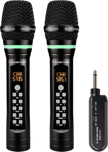 Vista 6 de Sound Town Sistema de micrófono inalámbrico recargable de 2.4 GHz con 4 micrófonos de mano, mini receptor portátil de 1/4 pulgadas, ecualizador