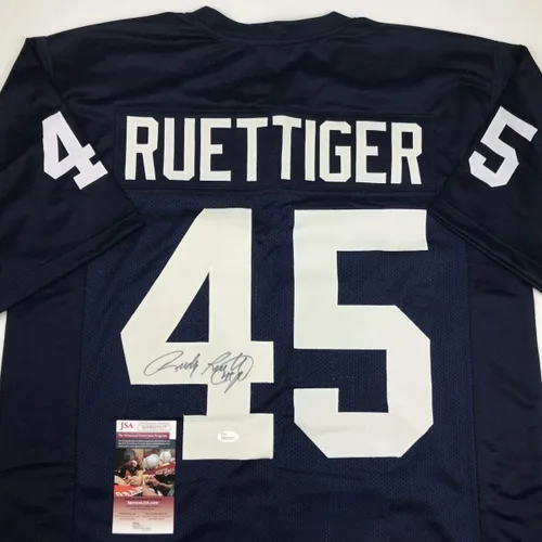 Vista 2 de Camiseta de fútbol universitario de Notre Dame azul con autógrafo/firma de Rudy Ruettiger JSA COA