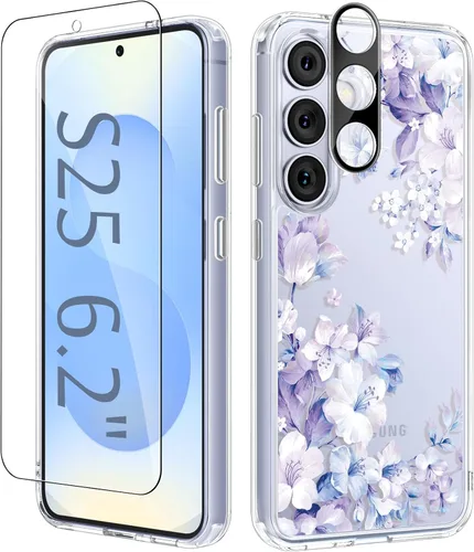 Vista 86 de GVIEWIN Funda protectora para Samsung Galaxy S25, transparente floral, delgada, a prueba de golpes, para mujer, no se pone amarilla, con protector