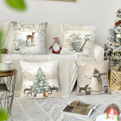 Vista 2 de Funda de Almohada Decorativa de Animales Navideños - 18 x 18 Pulgadas Funda de Almohada de Mascota Muñeco de Nieve Jarrón Ciervo Perro Conejo Pájaro