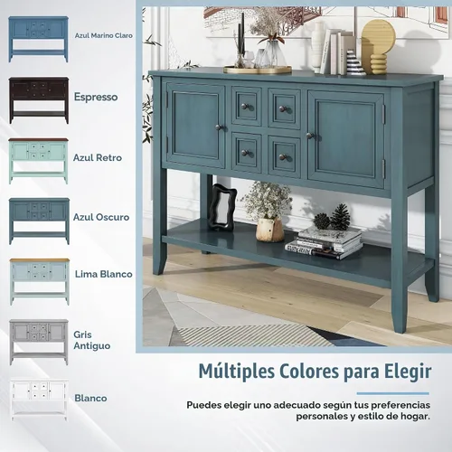 Vista 9 de Merax Mesa de buffet de madera con estante de almacenamiento, 2 cajones y armarios, gabinete de barra de café para sala de estar, comedor, cocina