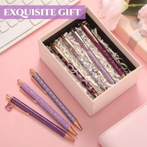 Vista 5 de Sherr 7 bolígrafos elegantes para mujer, lindos bolígrafos de purpurina brillantes con 10 recambios de tinta negra, bonitos regalos para niñas