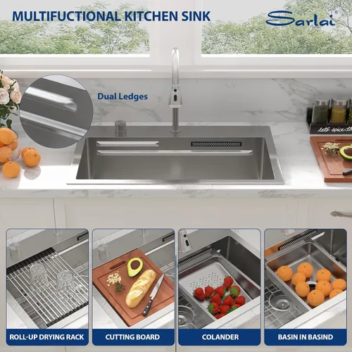 Vista 7 de Sarlai - Fregadero de cocina de cascada de 31 pulgadas, de montaje superior - 31x20 Fregadero de cocina con borde y estación de trabajo, de acero