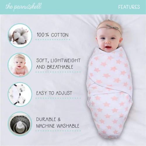 Vista 2 de The Peanutshell - Mantas para bebitas, diseños en rosa, floral y estrellas, paquete de 3 piezas, 2 tallas