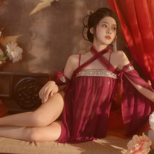 Vista 4 de Lencería sexy china transparente para mujer, vestido Hanfu bordado para mujer