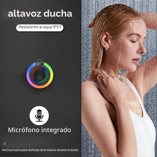 Vista 2 de Altavoz Bluetooth para Ducha, Altavoz Bluetooth Portátil Sonido Estéreo con Ventosa/Cordón, Micrófono Incorporado, Altavoces Inalámbricos IPX7 Negro