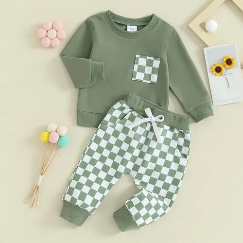 Vista 3 de Ehfomius Conjunto de 2 piezas de sudadera de manga larga con cuello redondo y pantalones deportivos para bebé niño