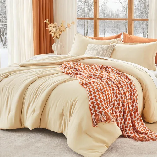 Vista 46 de MUXHOMO Juego de edredón beige tamaño individual/individual XL, ropa de cama alternativa ultrasuave para todas las estaciones. El juego de cama