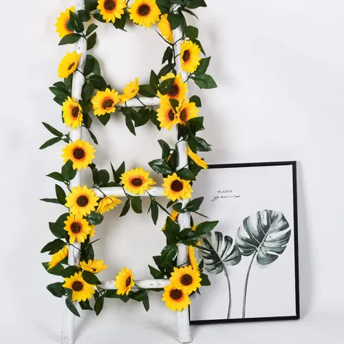 Vista 3 de DearHouse Paquete de 3 guirnaldas de girasoles artificiales de seda con hojas verdes para mesa de boda, decoración del hogar
