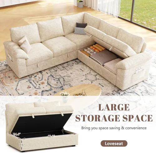 Vista 6 de Sofá Seccional Modular de 85 Pulgadas con Cama Extraíble, Sofá Cama Seccional en Forma de L de 5 Asientos con Almacenamiento, Sofás Seccionales