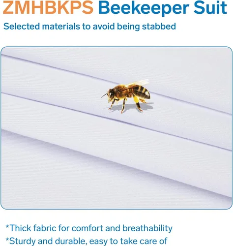 Vista 4 de Trajes de abeja para hombres y mujeres, a prueba de picaduras, traje de apicultura con guantes de apicultura y capucha de velo (blanco)