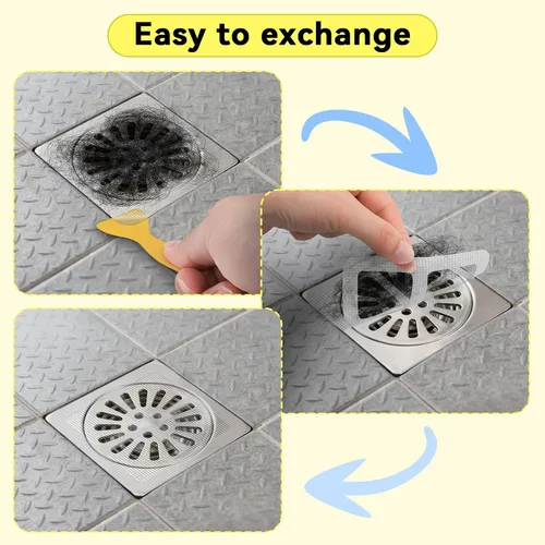Vista 7 de 100 piezas desechables para cabello de ducha, cubiertas de drenaje de malla de 4 x 4 pulgadas y calcomanías, protector de filtro para ducha, bañera