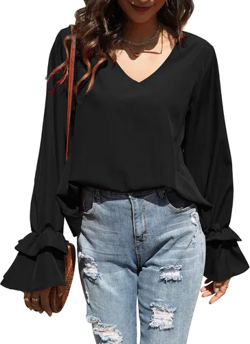 Vista 3 de LYANER - Blusa de manga larga con cuello en V y volantes escalonados para mujer, estilo túnica, estilo casual negro#