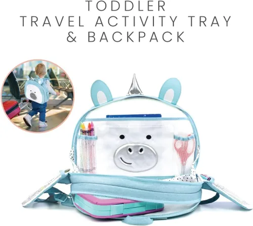 Vista 5 de Lulyboo Bandeja y mochila para asiento de automóvil de unicornio para niños pequeños Escritorio de viaje para niños con superficie de escritura